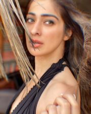 Sexy Actress Raai Laxmi in a Bohemian Style Black Halter Neck Plunging V Neckline Dress Photos 02