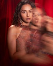 Sexy Actress Rakul Preet Singh in a Red and Maroon Embroidered Halter Neck Crop Top with a Matching Flared Lehenga Skirt Photos 03