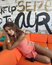 Sexy Ananya Panday in a Coral Colored Cutout Monokini with Thigh High Slit Dress 05