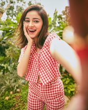 Sexy Ananya Panday in a Red and White Summer Ginghams with a Half Sleeve Shirt Tie Up Bralette and Flared Trousers Photos 01