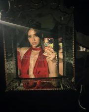 Sexy Hot Disha Patani in a Red Backless Satin Gown with Cleavage Neckline Photos 04