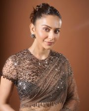 Sexy Indian Actress Rakul Preet Singh in a Mocha Brown and Black Sequin Saree with Sheer Blouse Photos 02