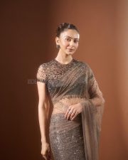 Sexy Indian Actress Rakul Preet Singh in a Mocha Brown and Black Sequin Saree with Sheer Blouse Photos 03