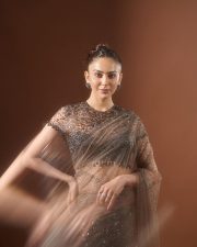 Sexy Indian Actress Rakul Preet Singh in a Mocha Brown and Black Sequin Saree with Sheer Blouse Photos 04
