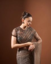Sexy Indian Actress Rakul Preet Singh in a Mocha Brown and Black Sequin Saree with Sheer Blouse Photos 06