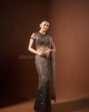 Sexy Indian Actress Rakul Preet Singh in a Mocha Brown and Black Sequin Saree with Sheer Blouse Photos 07