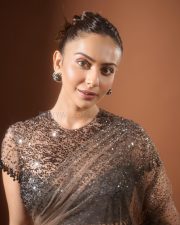 Sexy Indian Actress Rakul Preet Singh in a Mocha Brown and Black Sequin Saree with Sheer Blouse Photos 08