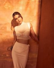 Sexy Kriti Sanon in a Transparent Crop Top with White Bra and Cream Maxi Dress Pictures 02