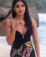 Sexy Pooja Hegde in a Black Maxi Dress with Deep Cleavage Pictures 03