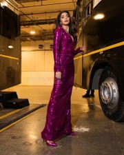 Sexy Pooja Hegde in a Dark Pink Embellished Long Dress Photos 04