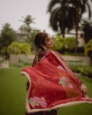 Sexy Priya Prakash Varrier in a Deep Red Printed Salwar Suit Photos 04