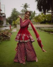 Sexy Priya Prakash Varrier in a Deep Red Printed Salwar Suit Photos 05