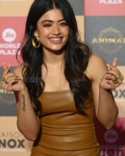 Sexy Rashmika Mandanna in a Chocolate Colored Leather Mini Dress Photos 02