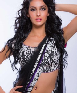Sexy Singer and Dancer Nora Fatehi Black Saree Photoshoot Pictures 03