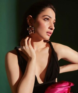 Sexy Tamanna Bhatia in a Plunging Black Dress Photos 01