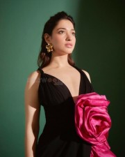 Sexy Tamanna in a Deep Cut Black Rose Dress Photos 03