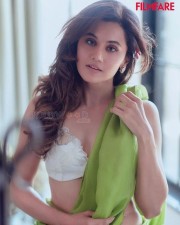 Sexy Tapsee Pannu in a Green Saree with White Sleeveless Blouse for Filmfare Photos 01