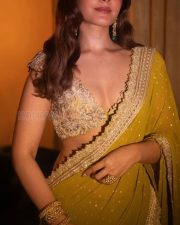 Sizzling Glam Raashi Khanna in a Mustard Yellow Saree with a Golden Floral Embroidered Blouse Pictures 01