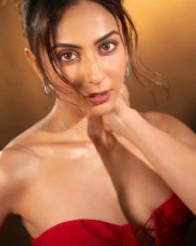Sizzling Hot Rakul Preet Singh in a Red Corset Strapless Top with a Thigh High Slit Skirt Photos 08