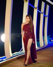 Sizzling Urvashi Rautela in a Maroon One Shoulder Thigh Slit Gown Photos 03