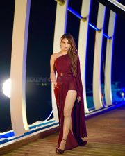 Sizzling Urvashi Rautela in a Maroon One Shoulder Thigh Slit Gown Photos 03