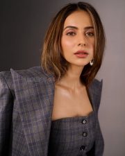 Sophisticated Actress Rakul Preet Singh in a Grey Plaid Bardot Top Photos 03