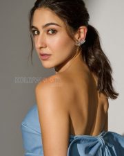 Sophisticated Actress Sara Ali Khan in a Steel Blue Strapless Bow Back Dress Photos 02