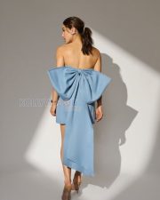 Sophisticated Actress Sara Ali Khan in a Steel Blue Strapless Bow Back Dress Photos 05