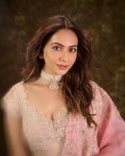 Sophisticated Indian Actress Rakul Preet Singh in a Voluminous Satin Organza Skirt with a Raw Silk Crop Top Blouse Pictures 02