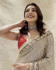 South Actress Kajal Aggarwal in a Red Sleeveless Blouse and Striped Saree Photos 06