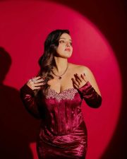 Sparkling Actress Malavika Menon in a Champagne Satin Dress with Velvet Accents Photos 01