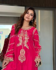Sparkling Actress Payal Rajput in a Red Embroidered Anarkali Suit Photos 04