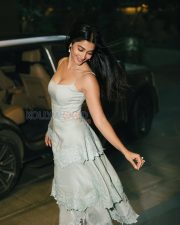 Sparkling Actress Pooja Hegde in a Silver White Spaghetti Strap Midi Dress Photos 02