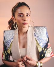Stunning Actress Rakul Preet Singh in a Blue Ikat Print Blazer Beige Top Photos 01