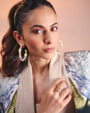 Stunning Actress Rakul Preet Singh in a Blue Ikat Print Blazer Beige Top Photos 02