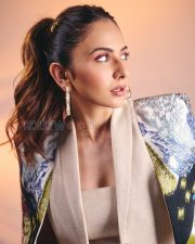 Stunning Actress Rakul Preet Singh in a Blue Ikat Print Blazer Beige Top Photos 03