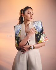 Stunning Actress Rakul Preet Singh in a Blue Ikat Print Blazer Beige Top Photos 04