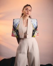 Stunning Actress Rakul Preet Singh in a Blue Ikat Print Blazer Beige Top Photos 05