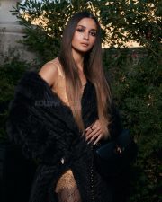 Stunning Alia Bhatt at New Year Fashion Week in a Nude Satin Mini Dress with a Black Fur Coat Photos 02
