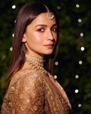 Stunning Alia Bhatt in a Rose Gold Embellished Silk Saree Pre Diwali Bash Photos 02