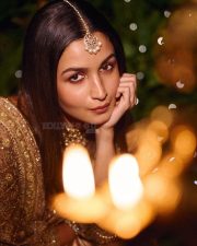 Stunning Alia Bhatt in a Rose Gold Embellished Silk Saree Pre Diwali Bash Photos 04