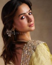 Stunning Alia Bhatt in a Traditional Olive Cream Saree with a Deepneck Blouse Pictures 01