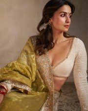 Stunning Alia Bhatt in a Traditional Olive Cream Saree with a Deepneck Blouse Pictures 02
