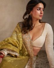 Stunning Alia Bhatt in a Traditional Olive Cream Saree with a Deepneck Blouse Pictures 02