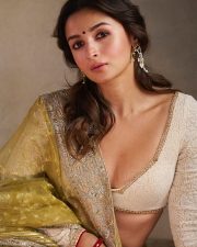 Stunning Alia Bhatt in a Traditional Olive Cream Saree with a Deepneck Blouse Pictures 03