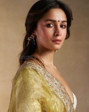 Stunning Alia Bhatt in a Traditional Olive Cream Saree with a Deepneck Blouse Pictures 04