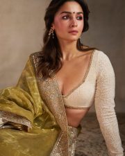 Stunning Alia Bhatt in a Traditional Olive Cream Saree with a Deepneck Blouse Pictures 05