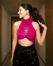 Stunning Beauty Ananya Panday in a Pink and Black Halter Neck Top with Black Shimmery Pants Pictures 01