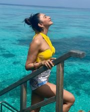 Stunning Bollywood Actress Rakul Preet Singh in a Yellow Beach Bikini Photo 01