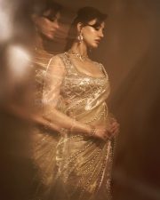 Stunning Indian Actress Disha Patani in a Gold Colored Saree with a Matching Embroidered Sleeveless Blouse Photos 02